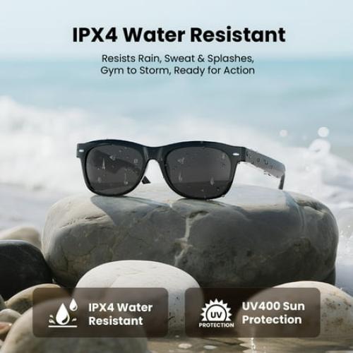 WeariQ Bluetooth Smart Glasses – Shiny Black Audio Sunglasses – Black Polarized Lenses, Open-Ear Speaker, 10-Hour Playtime, Hands-Free Calls, Voice AssistantHands-Free Calls & Music