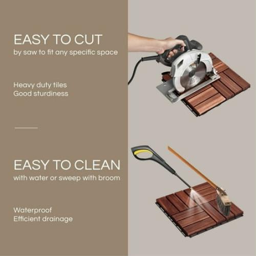 THYOI 10 Pcs Interlocking Deck Tiles 12 x 12, Patio Flooring Outdoor Waterproof, Acacia Wood Tiles All Weather, Floor Tiles for Balcony, Backyard, Indoor and Outdoor use (Round Joint, Dark Brown)