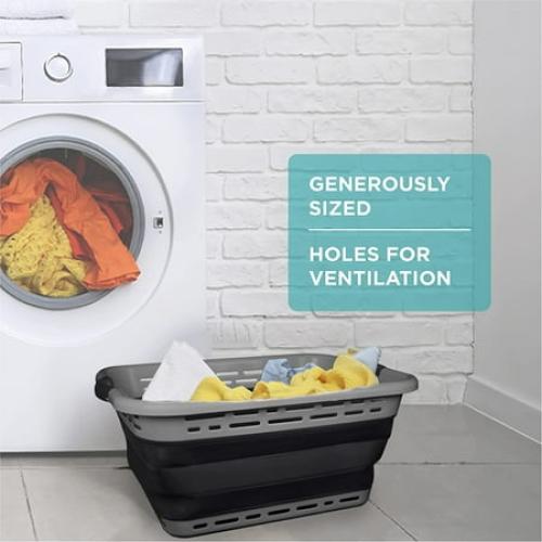 Brookstone 11 Gallon Collapsible Plastic Laundry Basket, Portable Pop-up Hamper, Foldable Storage Container, Washing Tub, Dark Gray