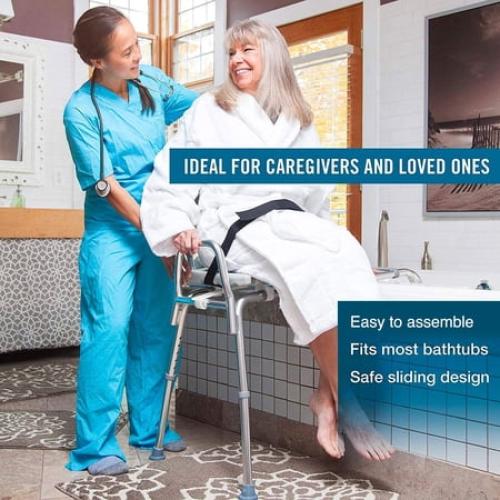 Tub Transfer Bench and Sliding Shower Chair Made of Heavy Duty Non Slip Aluminum Body and Plastic Seat with Adjustable Seat Height and Cut Out Access Holding Weight Capacity up to 400 lbs, Gray