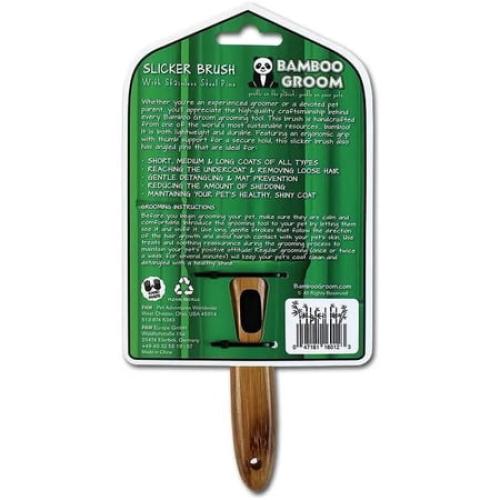 Bamboo Groom Slicker Brush with Stainless Steel Pins for Pets, Medium