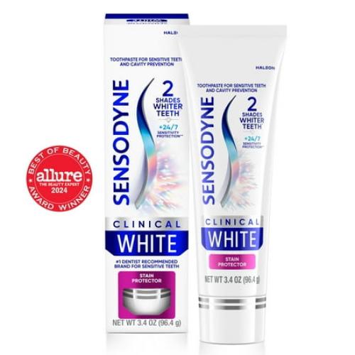 Sensodyne Clinical White Toothpaste Clinically Proven Whitening for Sensitive Teeth, Stain Protector, 3.4 Oz