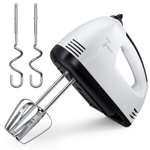 TINANA 7 Speed Hand Mixer Electric Handheld with Stainless Steel Beaters & Dough Hooks, Cookie Mixer with Turbo Boost, Food Beater for Kitchen Baking Cakes, Eggs, Cream, White