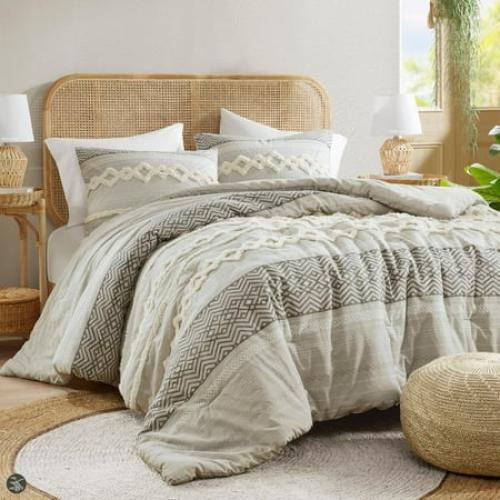 Grey 104x90 Hyde Lane Boho Gray Comforter Set King, Farmhouse Bedding Sets, Cotton Top with Modern Neutral Style Clipped Jacquard Stripes, 3-Pieces Including Matching Pillow Shams (104x90 Inches)