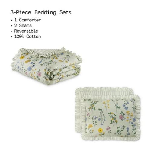 Beautiful 100% Cotton Botanical 3-Piece Sage Green Comforter Set, Full/Queen by Drew Barrymore