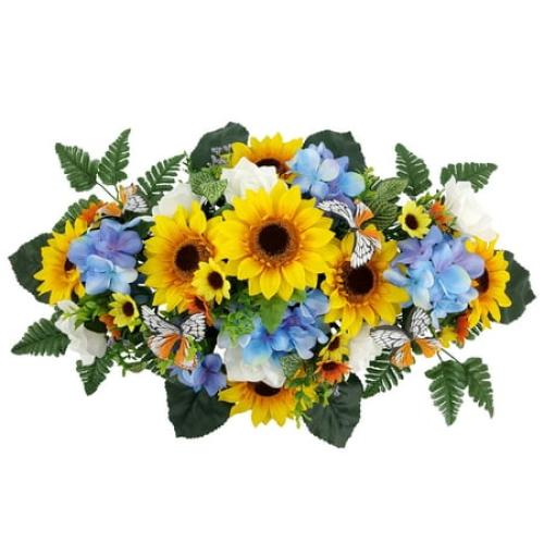 Mainstays 30in Outdoor Artificial Floral Headstone Saddle, Sunflower, Rose, Hydrangea Flowers, Yellow Color.