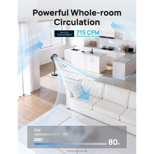 Dreo Fan for Bedroom, 120° 120° Oscillating Standing Fan, DC Motor, 80ft Air Circulator for Whole Room, 8 Speeds, 3 modes, Quiet Pedestal Fans, 23dB, Adjustable Height, Remote Control, 8H Timer