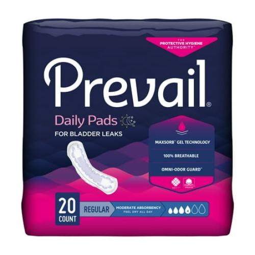 Prevail Daily Pads for Bladder Leaks, Disposable, Moderate Absorbency, Regular, 20 Count, 2 Pack
