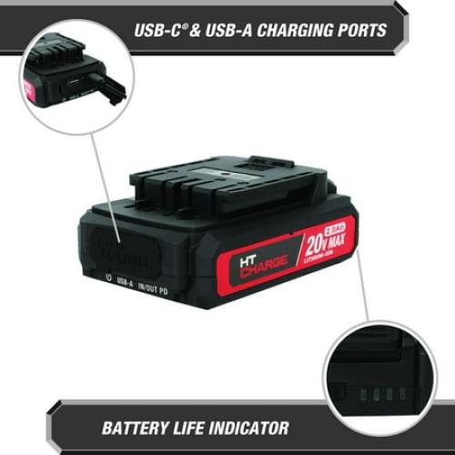 Hyper Tough 20-Volt Max Lithium-Ion 2.0Ah Battery Pack with USB-a and USB-c Ports