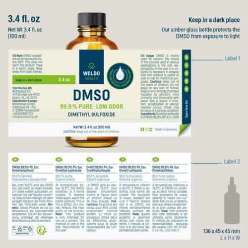 WoldoHealth DMSO 99.9% Pharmaceutical Grade - FT-IR Verified Dimethyl Sulfoxide, Low Odor Solvent in Glass Bottle with Precision Dropper (3.38 oz)