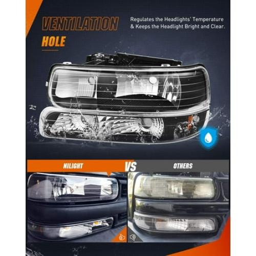 Nilight 1999 2000 2001 2002 Silverado Headlights, 2000-2006 Suburban Headlight Assembly,2001-2006 Tahoe Headlights Chrome