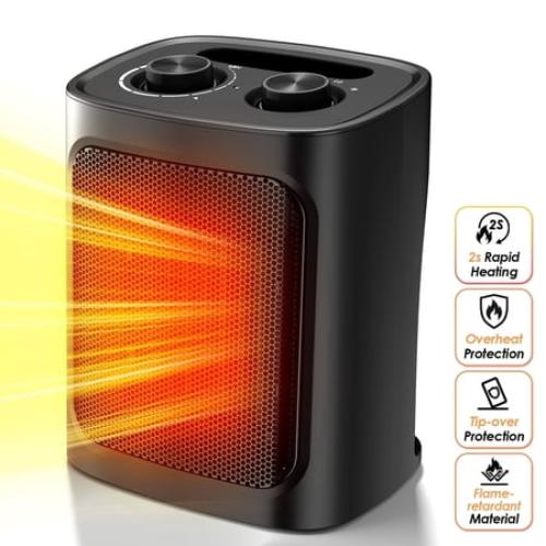 Auseo 750W/1500W Space Heater with ETL Certified, 2S Rapid Heating, Multiple Safety Protection, Ceramic Heater for Home/Bathroom/Kitchen/Office, Black