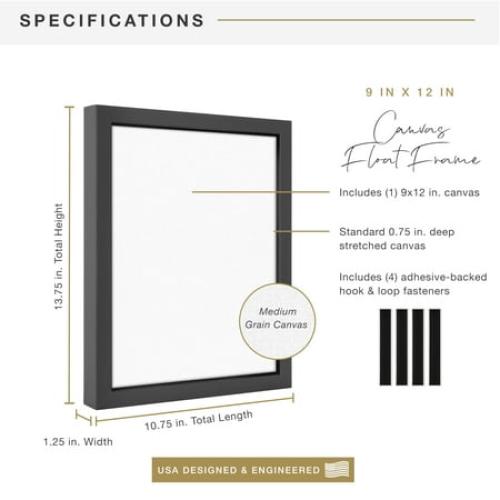 MCS Canvas Float Frames 16x20 Frame, Black Frame for Finished Canvases, Vertical & Horizontal Wall Hanging Large Frame with Adhesive for Canvas Paintings (1-Pack)