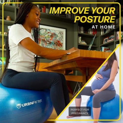 URBNFit Exercise Ball - AntiBurst Swiss Balance Ball w/ Pump - Fitness Ball Chair for Office, Home Gym - Silver, 55CM