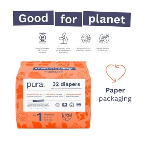 Pura Sensitive Soft Sustainable Baby Diapers Size 1, 96 Count (Choose Your Size and Count)