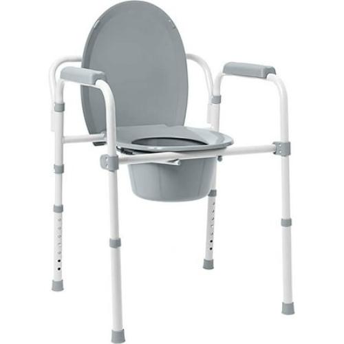 Medline Steel 3-in-1 Elongated Bedside Commode, Foldable Frame, Supports up to 350 lbs, Gray