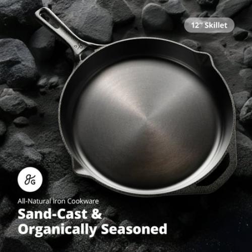 12 inch Cast Iron Skillet, Smooth Milled, Organically Seasoned Sauce Pan Surface