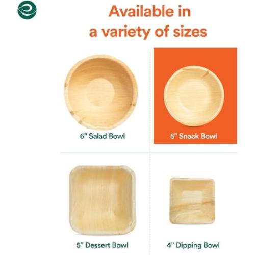 ECO SOUL 100% Compostable 5 Inch Palm Leaf Bowls, 200 Counts | Heavy Duty Bamboo Disposable Bowls | Eco-Friendly Biodegradable Bowls