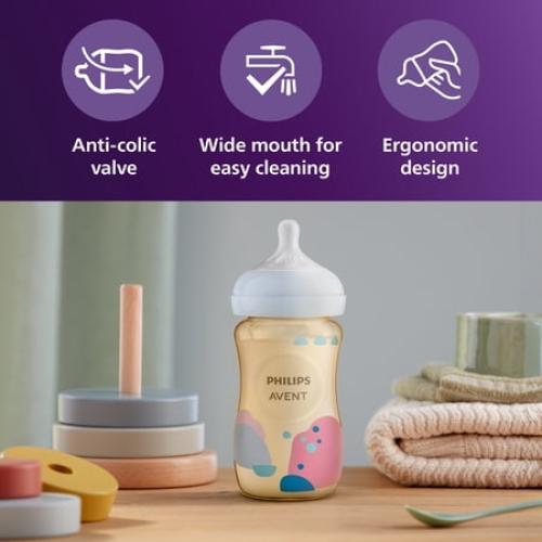 2Pack 9oz Philips Avent Ppsu Natural Baby Bottles with Medium Flow Nipples (Flow 3), 9oz, with Decoration, 2-Pack, SCY943/02