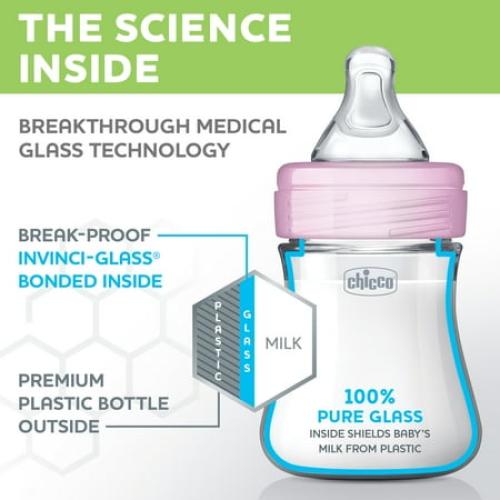 Chicco Duo Hybrid Baby Bottle, Invinci-Glass Inside/Plastic Outside, 5oz, 2-Pack - Pink, New