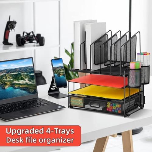Marbrasse Desk Organizer with Drawer, 4-Tier Mesh Desk File Organizer with 5 Vertical File Holders and 2 Pen Holders, Multifunction Desktop Organizer,Desk Organizers and Accessories for Home Office