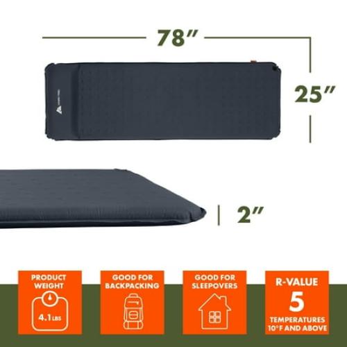 Ozark Trail Self-Inflating Camp Pad with Pillow - Grey, Adult, 78 L x 25 W x 2 H