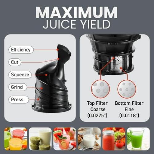 Elite Gourmet EJX320 Big Mouth Whole Fruit 5.2” Self-Feeding Chute, Cold Press Masticating Slow Juice Extractor, Hands-Free, Less Prep, Easy to Clean, Impact Resistant BPA Free Tritan, Black