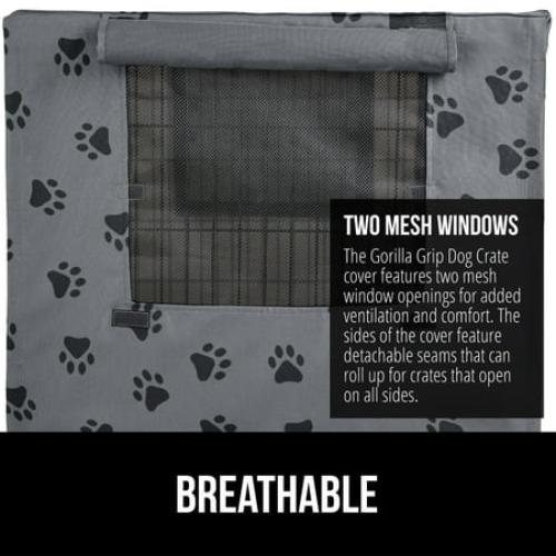 GORILLA GRIP Dog Crate Cover, Fits 24 Indoor Kennel Cage, Breathable Mesh Windows, Gray Paw