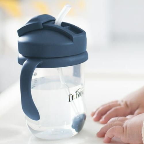 Dr. Brown's Milestones Baby's First Straw Cup, Training Cup with Weighted Straw, 9oz/270ml, Dark Blue, 6m
