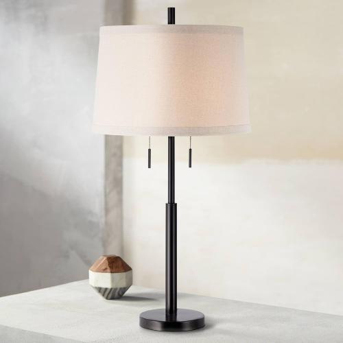 Possini Euro Design Rustic Farmhouse Table Lamp 33 Tall Dark Bronze Metal Off White Burlap Fabric Drum Shade for Bedroom Living Room House Bedside
