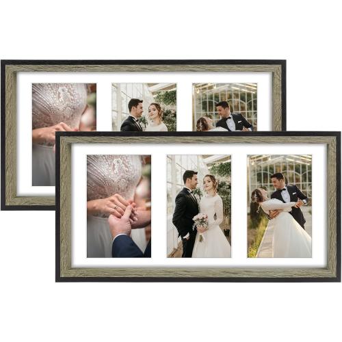Frametory 4x6 Triple Picture Frame in Grey and Black - 7x14 Collage Frame Real Glass - Horizontal and Vertical Formats for Wall 1 Pack