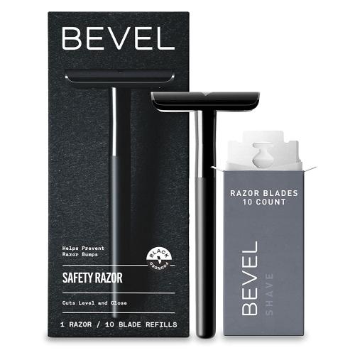 Color Black Bevel Safety Razor with Brass Weighted Handle and 10 Double Edge Safety Razor Blade Refills, Single Blade Razor for Men, Designed for Coarse Hair to Prevent Razor Bumps, Black