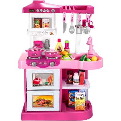 TEMI Play Kitchen Playset Pretend Food - 53 Pieces Pink Kitchen Toys for Toddlers Toy Accessories Toddler Set with Sound and Light Toddler Outdoor Playset for Kids Girls and Boys