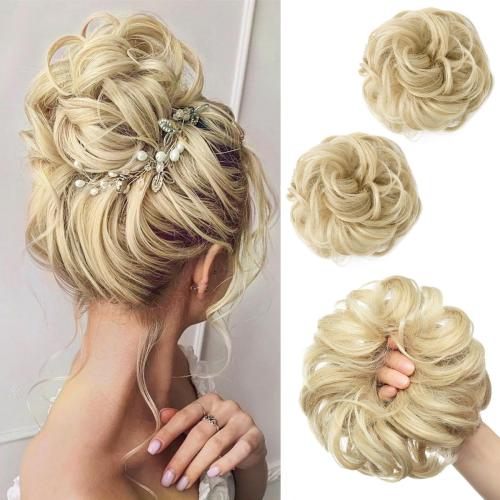 SARLA 2PCS Messy Hair Bun Hair Pieces Wavy Curly Synthetic Updo Fake Scrunchies Ponytail Extension for Women Ash Blonde