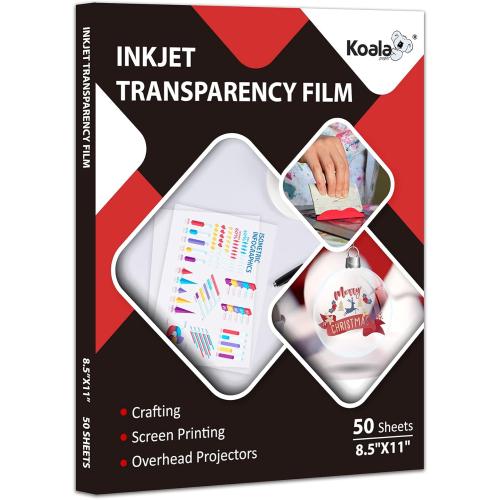 Koala Inkjet Transparency Film 50 Sheets 100% Clear Transparency Paper for Inkjet Printers for Crafting Overhead Projector Screen Printing - 8.5x11 Inches