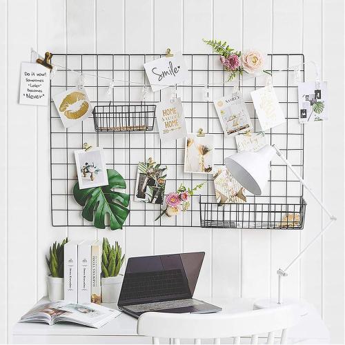 GBYAN 2 Pack Wire Wall Grid Panels with Lights and Clips Large Photo Board for Picture Display Wall Organizer Grid Wall Shelf Room Decoration for Home Office