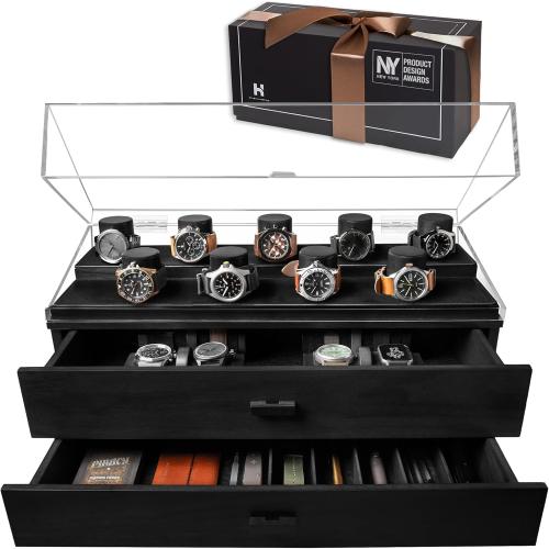 Holme & Hadfield Premium 17-Slot Wooden Watch Display Case – Extra Large Handcrafted Men’s Watch Box with Two Drawers – Valentine's Day Gift for Crazy Collectors – Luxury Built to Last