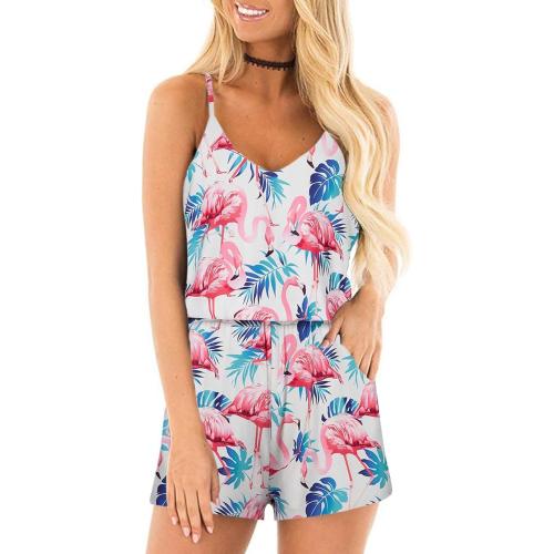 RAISEVERN Womens Flamingo Romper Pink Summer Casual Cute Short Jumpsuit Hawaiian Tropical Luau Leaves Print Adjustable Spaghetti Straps Loose V Neck Sleeveless White Cami Rompers with Pockets