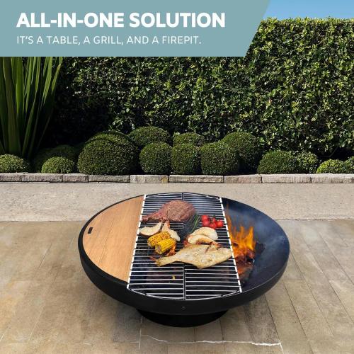 DENKOE 32 Inch Cast Iron Round Fire Pit Table with Fire Pit Grill Extra Thick Heavy Duty Fire Bowl Deep Outdoor Firepit Wood Burning Firepits for Outside Patio Backyard Fire Pits Large BBQ Pit