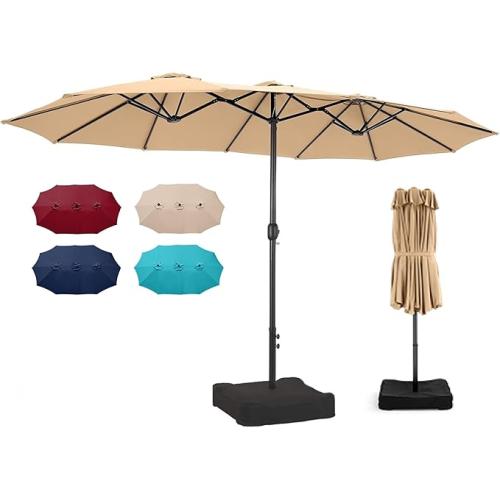 Bigroof 15ft x 9ft Patio Double-Sided Umbrella with Base & Crank, Extra Large Rectangular Outdoor Umbrella for Patio, Lawn & Garden, Beige