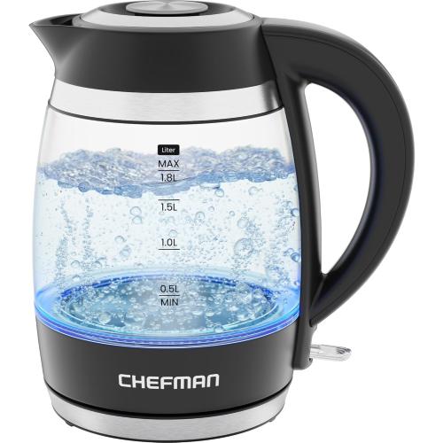 Chefman 1.8L Lightning Borosilicate Glass Electric Kettle: Stainless Steel Lid, 1750W, Hand Wash, Silver & Black Accents