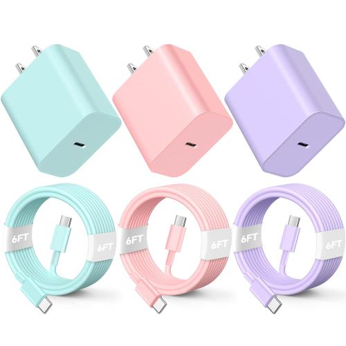 2 Pack 20W Colorful Fast Charger & 6FT USB  Cable for iPhone 16/15 Pro/Max/Plus, Pad Pro 12.9/11 inch