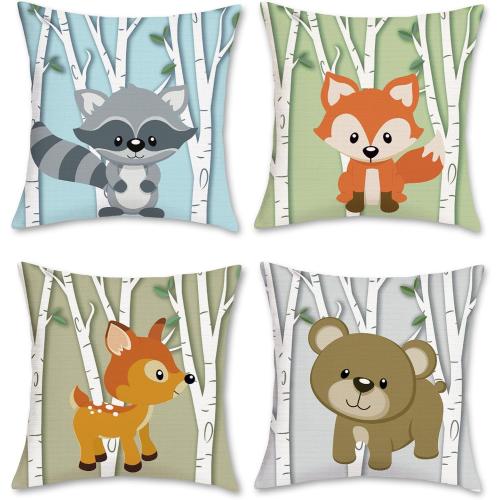 Bonhause Forest Animal Pillow Covers 18x18 Set of 4 Deer Fox Bear Raccoon Decorative Throw Pillowcases Polyester Linen for Sofa Couch Kids Classroom Decor