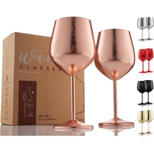 Gusto Nostro Stainless Steel Wine Glass - 18 oz - Unbreakable Rose Gold Wine Glasses for Travel, Camping and Pool - Fancy, Unique and Cool Portable Metal Wine Glass for Outdoor, Picnics (Set of 2)