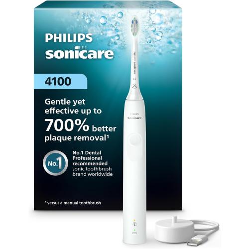 Philips Sonicare 4100 Rechargeable Electric Toothbrush, with Pressure Sensor, 2 Intensity Settings, SmarTimer and QuadPacer, 14-Day Battery Life, White, Model HX3681/23