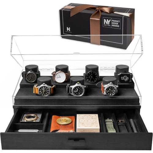 Holme & Hadfield Premium 7-Slot Wooden Watch Display Case – Large Handcrafted Men’s Watch Box with Accessory Drawer, Hinged Cover, Leather Lining – Father’s Day Gift for Men – Luxury Built to Last