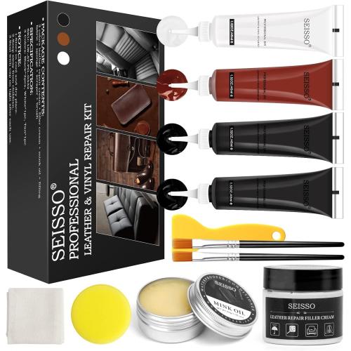 SEISSO Leather Repair Kit for Furniture Vinyl Leather Repair Kit Car Interior Leather Dye with Mink Oil Leather Filler Restore for Sofa Couch Cat Scratches Vinyl Seat