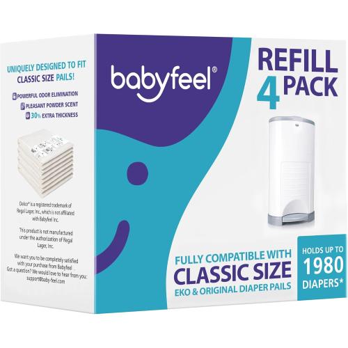 Babyfeel Refills Compatible with DEKOR CLASSIC Diaper Pails | 4 Pack | Exclusive 30% Extra Thickness | Diaper Pail Refills with Powerful Odor Elimination | Powder Scent | Holds up to 1980 Diapers