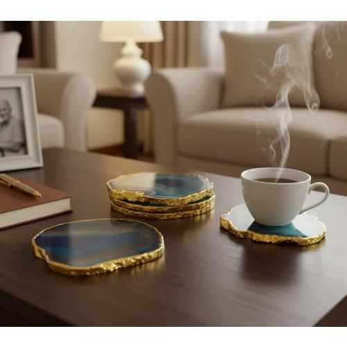 Blue 4 Pack eSplanade Natural Agate Coasters Bar Beer Coffee Tea Coaster - Set of 4 Coasters - Perfect Table Accessories Tableware (Blue)
