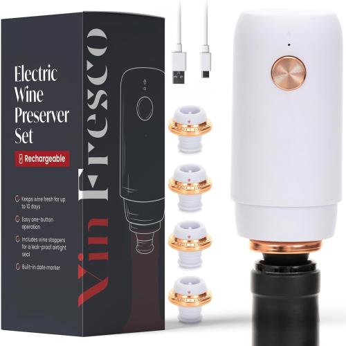 Electric Wine Preserver - Rechargeable Vacuum Wine Saver with Airtight Seal - Automatic Wine Air Remover Pump for 10 Days of Flavor & Freshness - Wine Preservation System (White & Rose Gold)